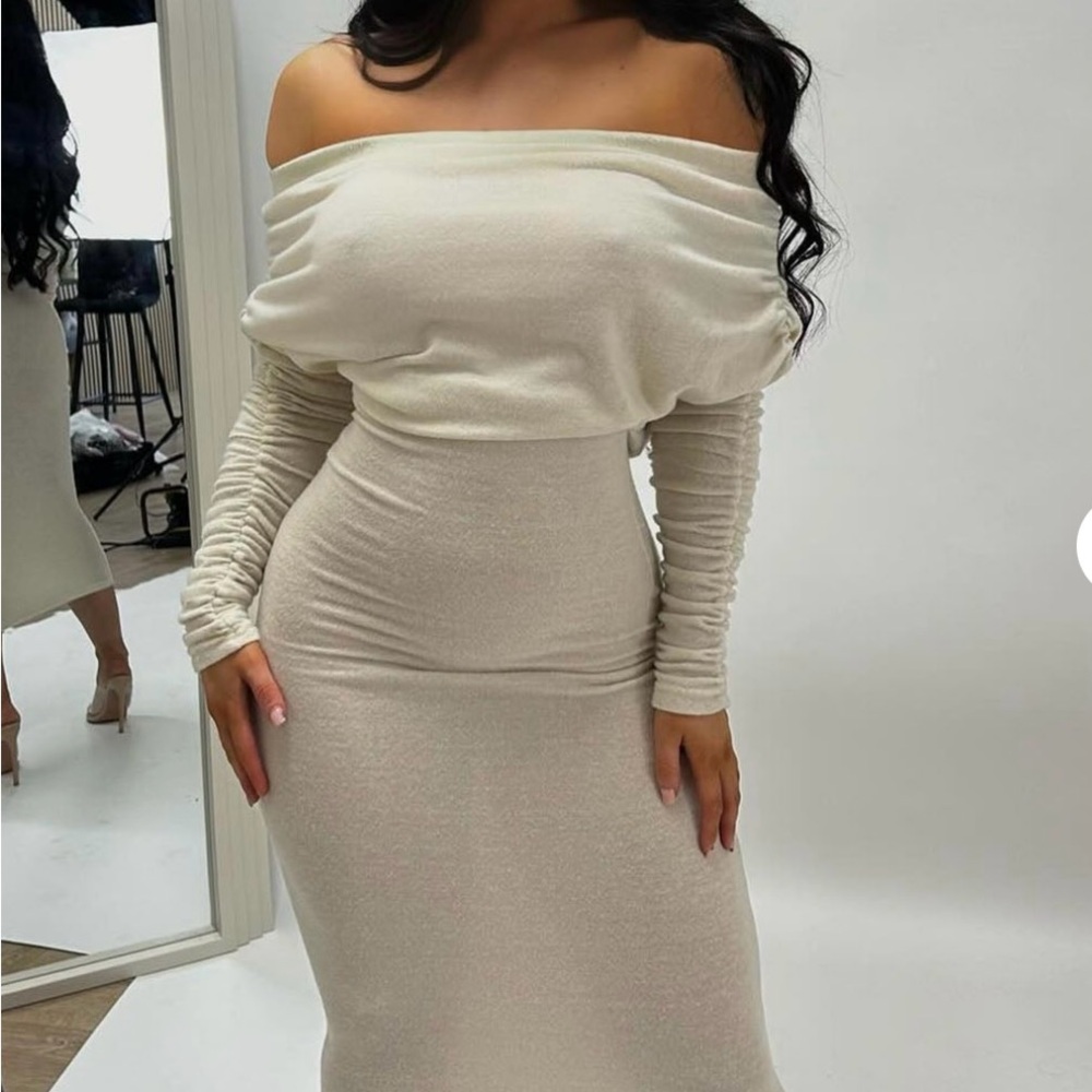 Elegant Off-Shoulder Cream Dress Fashion Nova